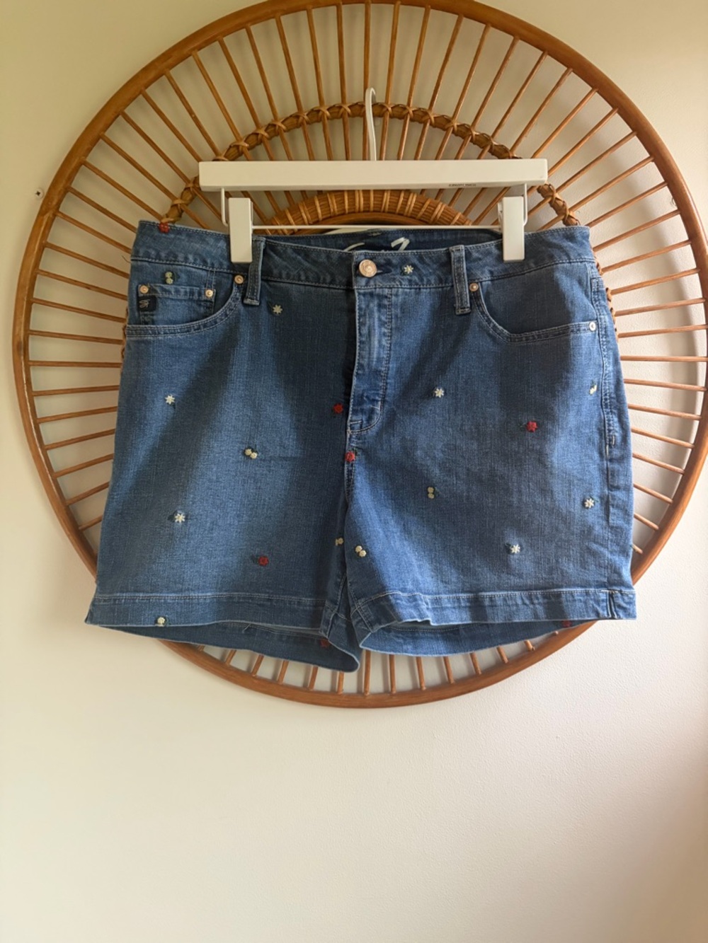 Seven7 Mid Blue Denim Shorts with floral embroidered detail